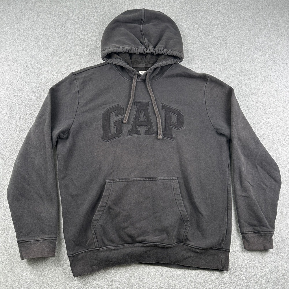Gap Hoodie Mens L Pullover Black Tonal Logo Fleece Graphic Pocket